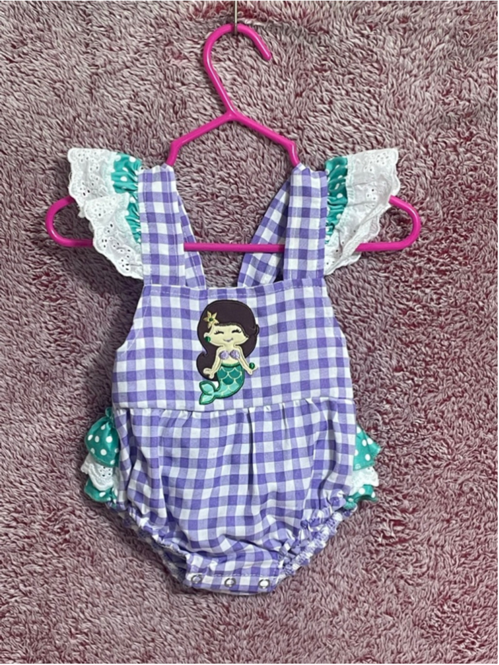 Girls 3 months mermaid gingham ruffle romper